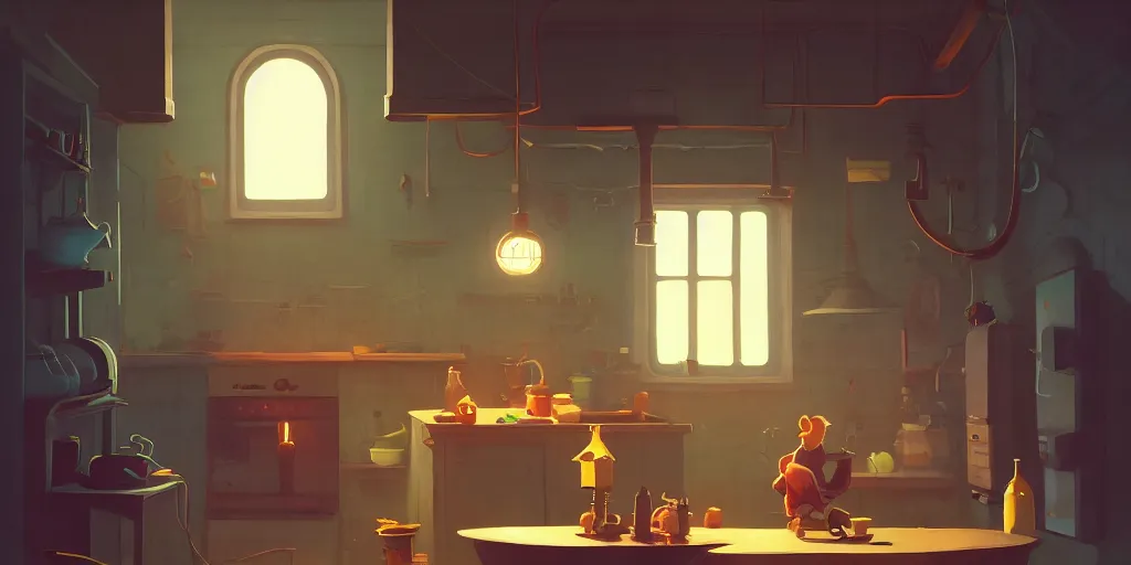 Image similar to cute solitary kitchen dim lit by a candle ripped physique simon stalenhag gerald brom bastien grivet by greg rutkowski, game background fisheye lens, low angle, day of the tentacle, 3 point perspective