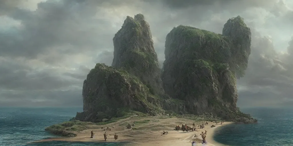 Image similar to epic matte painting of an island, cinematic cinematography masterpiece, greg rutkowski, and ivan aivazovski, roger deakins