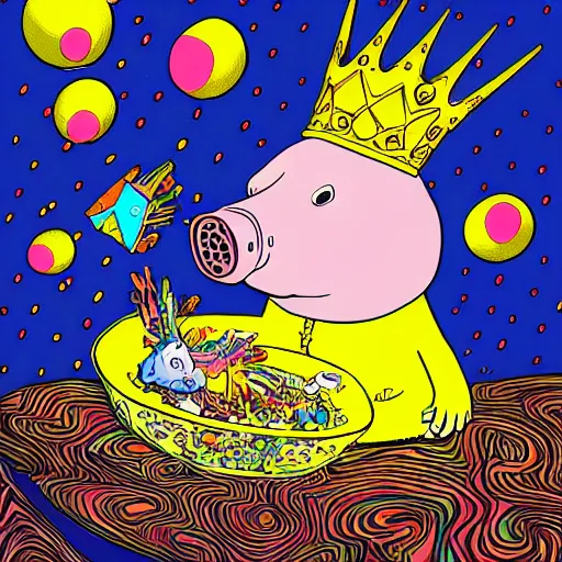 Image similar to trippy comic art of a pig wearing a gold crown eating snacks, drawn by Martin Rowson, Tim Burton, Studio Ghibli, Alex Pardee, Nekro Petros Afshar, James McDermott, colors by lisa frank, unstirred paint, vivid color, cgsociety 4K