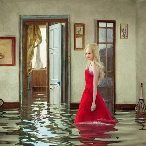 Image similar to painting of Elle Fanning in a flooded house interior, Kitsch style