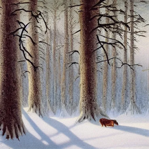 Prompt: caspar david friedrich style painting, moose in winter forest, spruce trees