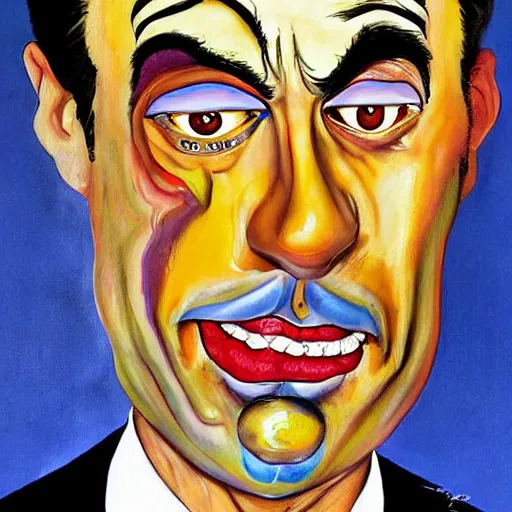 Prompt: a detailed painting jim carrey as borat by gerald scarfe and ralph steadman