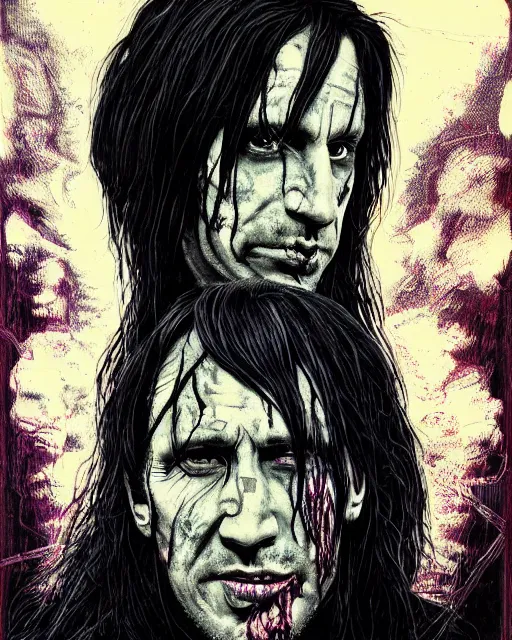 Image similar to trent reznor with long hair as a decaying zombie, horror, high details, bright colors, striking, intricate details, by vincent di fate, artgerm julie bell beeple, 1 9 8 0 s, inking, vintage 8 0 s print, screen print