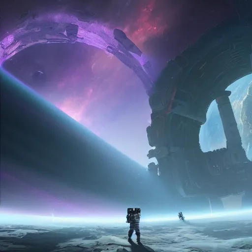 Prompt: a single astronaut standing in the ruins of crux prime, purple fiery maelstrom in the distance, digital art, artstationhq