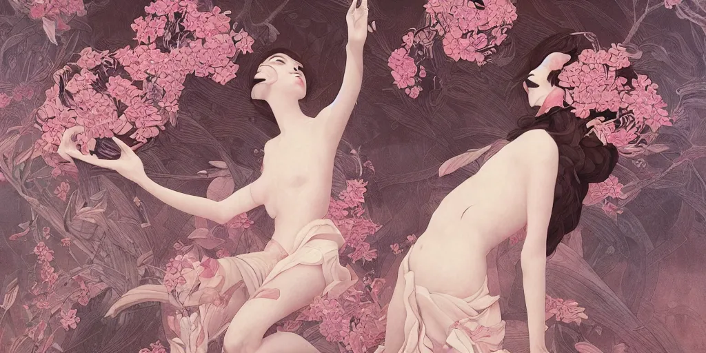 Image similar to breathtaking detailed girl body concept art painting art deco pattern of birds goddesses amalmation flowers, by hsiao - ron cheng, bizarre compositions, exquisite detail, extremely moody lighting, 8 k, art nouveau, old chines painting