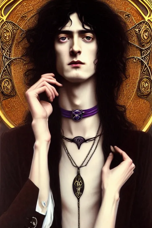 Image similar to a beautiful androgynous man, long hair, tall and thin, dressed in velvet, rock star, young jimmy page, wearing several pendants and a choker, vampire, illustration, dramatic lighting, soft details, painting, art nouveau, octane render, 8 k, hd, by edmund blair leighton, brom, charlie bowater, faces by otto schmidt