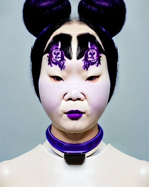 Image similar to symmetrical portrait of an asian woman wearing a silicone embroidered purple beauty mask and white hair buns, wearing a black bodysuit by alexander mcqueen, cream white background, soft light, biotechnology, humanoide robot, bjork aesthetic, translucent, by rineke dijkstra, intricate details, highly detailed, masterpiece,