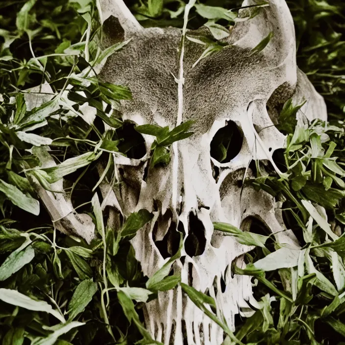 Image similar to overgrown foliage on a wolf skull, close - up, beautiful, lens flare, emotional, sweet