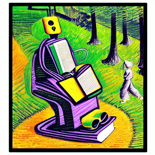 Prompt: A robot reading a book in a park, forest, brook, colorful, in the style of Umberto Boccioni