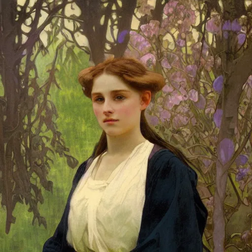 Image similar to a beautiful painting of a young girl in the scottish highlands, underexposed and overcast, by alphonse mucha, john sargent, and octane.