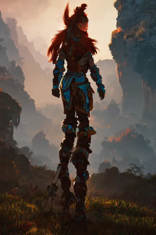 Image similar to combination suit armor aloy horizon forbidden west horizon zero dawn radiating a glowing aura global illumination ray tracing hdr fanart arstation by ian pesty and alena aenami artworks in 4 k tribal robot ninja mask helmet backpack