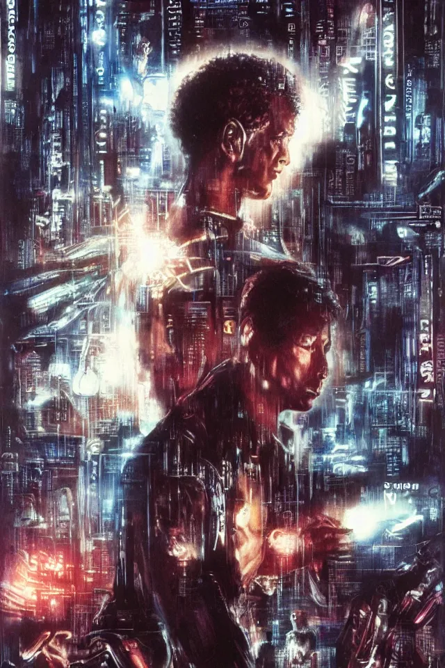 Image similar to artwork by Ridley Scott showing a android dreaming about electric sheep, cyberpunk, Blade Runner