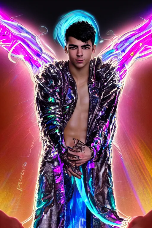 Prompt: hyper detailed ultra sharp fullbody photo of baroque and bladerunner delicate glowing sapphire sculpture of a muscular seductive young spanish joe jonas feeling highly orgasmic, iridescent humanoid deity wearing black and white striped seethrough cloak, holding a rainbow tiger gem, blue diamond, glowing pink face, crown of white diamonds, cinematic lighting, photorealistic, octane render 8 k