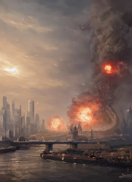 Image similar to hyper realistic giant fluffy caracal attacking moscow city harbor explosions, atmospheric beautiful details, strong composition painted by kim jung giu weta studio rutkowski, james gurney and greg rutkowski, and lucasfilm