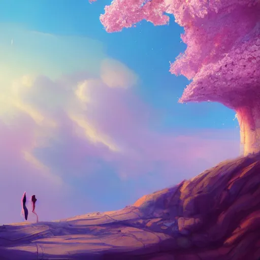 Image similar to giant cherry blossom flower as a head, girl walking in a canyon, surreal photography, sunrise, dramatic light, impressionist painting, colorful clouds, digital painting, artstation, simon stalenhag