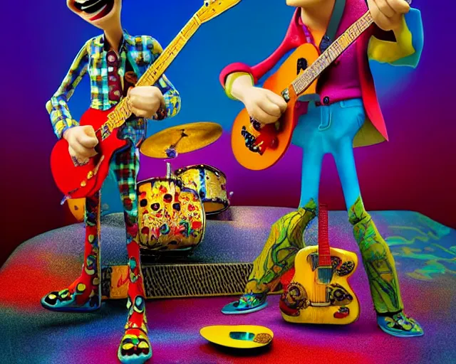 Prompt: A rock band as Pixar figurines, interior, vibrant, hyperrealistic, Maximalism, mystical, ornate, Intricate