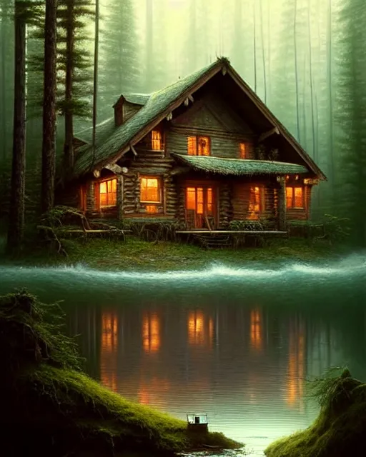 Image similar to a hyper - detailed 3 d render like an oil painting of cabin in the woods floating inside our own consciousness!!!!! surreal concept art, lifelike, photorealistic, digital painting, aesthetic, smooth, sharp focus, artstation hd, by greg rutkowski, bruce pennington, valentina remenar, rhads, asher duran,