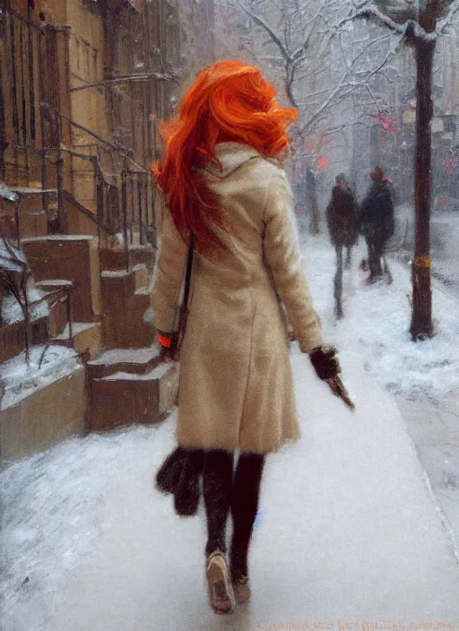 Prompt: back of emma stone in beige coat, orange hair, walking into new york apartment building in winter, artwork by gaston bussiere, craig mullins, trending on artstation