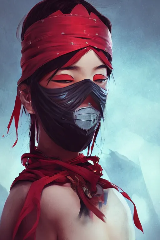 Image similar to native japanese young woman dressed like shinobi ninja, focused stare, partially masked, highly detailed, photobash, photorealistic render, trending on artstation, character design, red background, cinematic lighting