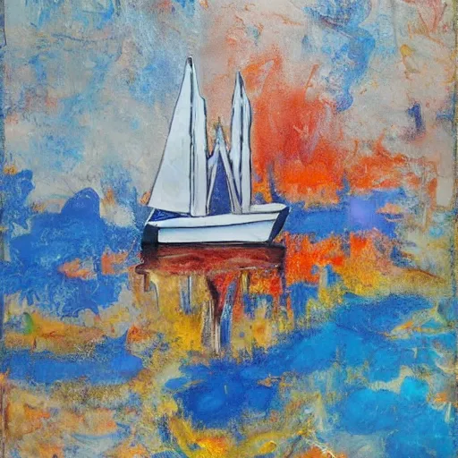 Image similar to a painting of a sailboat floating on a body of water, an abstract painting by ted degrazia, reddit contest winner, lyrical abstraction, mixed media, acrylic art, gold leaf, oil on canvas