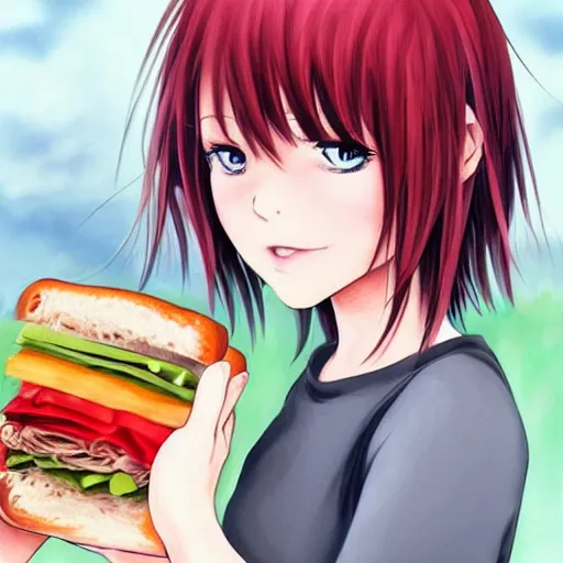 Image similar to a girl eating a sandwich, red hair, anime art, detailed, hd, smooth