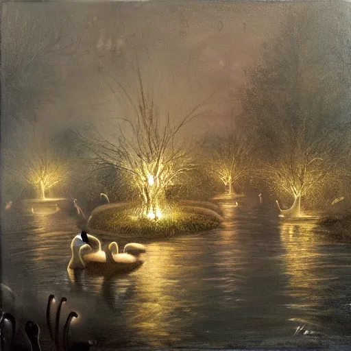 Image similar to painting hr giger tent in a landscape, swans in a pond, floral ornaments light beams night, tomas sanchez