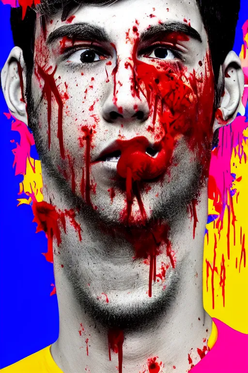 Prompt: guy covered with blood in his face - aesthetic, 4 k, comical, acrylic paint style, pencil style, torn cosmo magazine style, pop art style, ultrarealism, by mike swiderek, jorge lacera, ben lo, tyler west