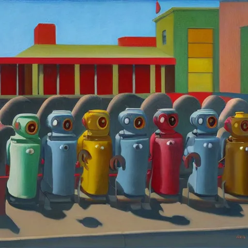 Image similar to robots queue up for ice cream, grant wood,! pj crook!,! edward hopper!, oil on canvas