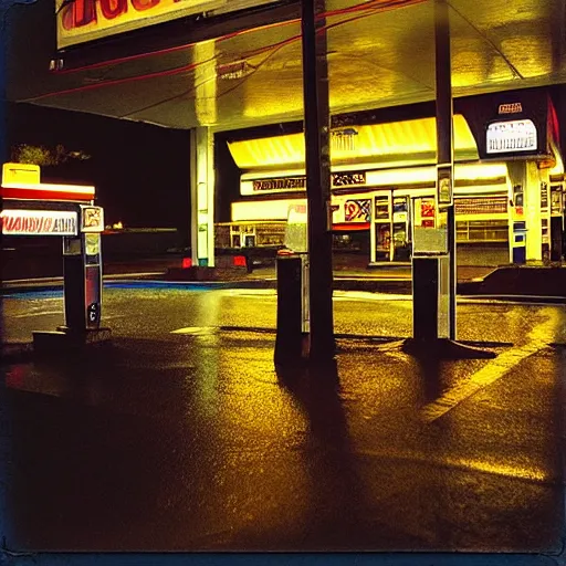 Image similar to “gas station photography,night,rain, various subjects, cinestill 800t, in the style of William eggleston”