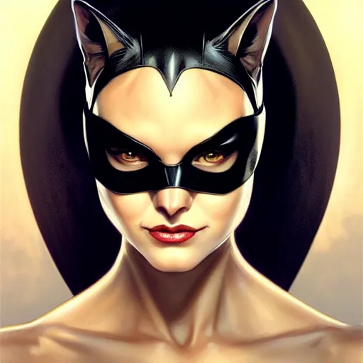 Image similar to symmetry!! intense fanart of catwoman, intricate, elegant, highly detailed, my rendition, digital painting, artstation, concept art, smooth, sharp focus, illustration, art by artgerm and greg rutkowski and alphonse mucha