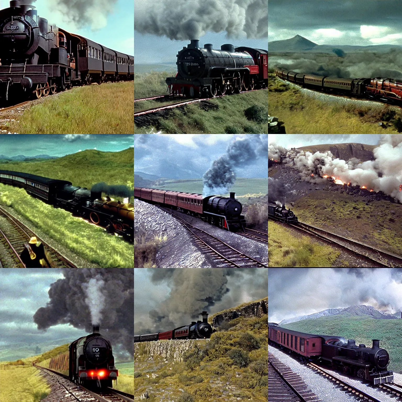 Prompt: A steam train driving on a railway toward the Black Gate in Mordor, landscape film still from the movie 'The Lord of the Rings: The Return of the King