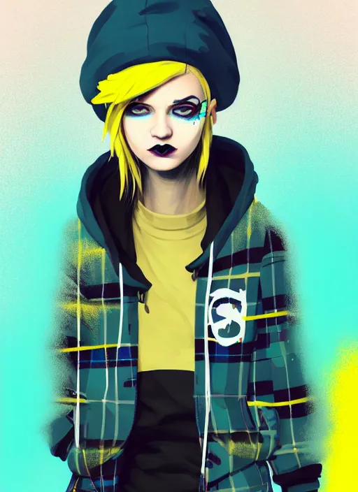 Image similar to highly detailed portrait of a sewer punk lady student, blue eyes, tartan hoody, hat, white hair by atey ghailan, gradient yellow, black, brown and cyan color scheme, grunge aesthetic!!! ( ( graffiti tag wall ) )