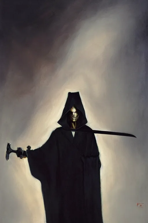 Prompt: a shady figure wearing a black robe and holding a sword vertically in front of its face, painting by brom