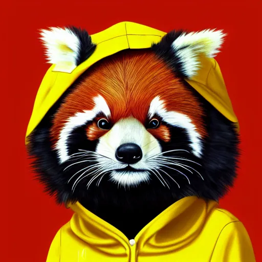 Prompt: beautiful portrait commission of a female furry anthro red panda wearing a yellow hoodie, trending on artstation