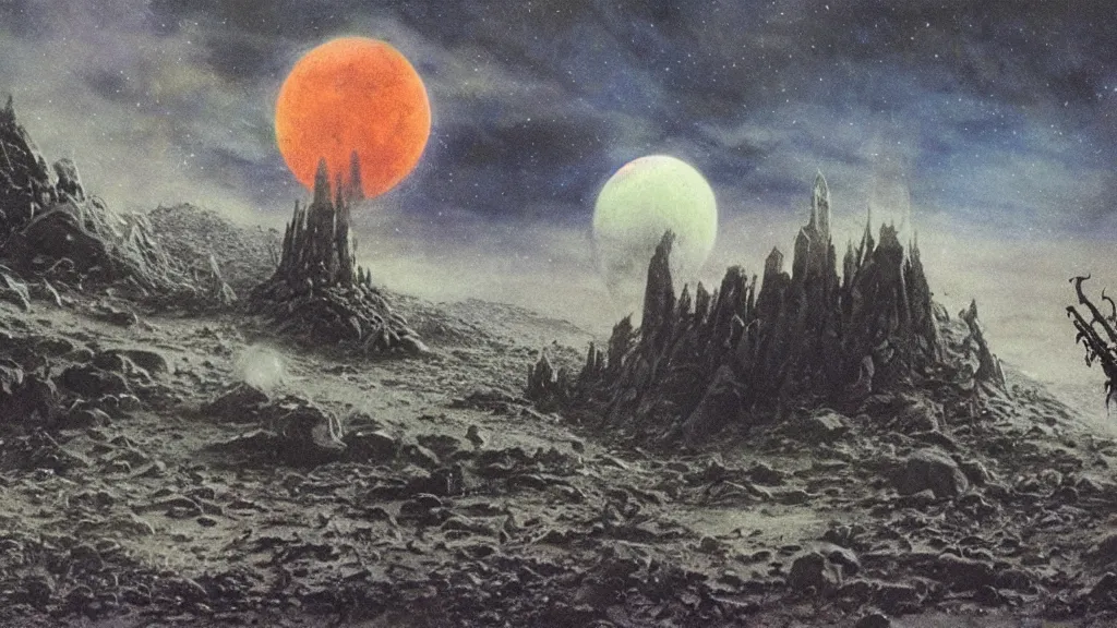 Image similar to eerie atmospheric alien planet with a small organic dropship landing by jack gaughan and bob eggleton and chris moore, epic cinematic matte painting