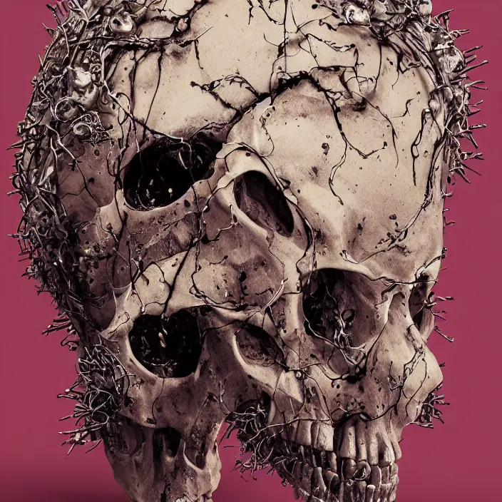 Image similar to portrait of a melting skull. wearing a headdress. infected with zombie fungus. intricate abstract. intricate artwork. nightmare fuel. by Tooth Wu, wlop, beeple, dan mumford. octane render, trending on artstation, greg rutkowski very coherent symmetrical artwork. cinematic, hyper realism, high detail, octane render, 8k, iridescent accents