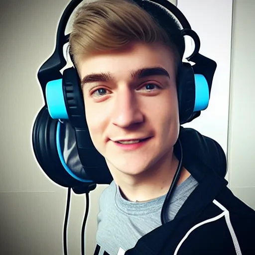 Image similar to “a realistic detailed photo of a guy who is an attractive humanoid who is half robot and half humanoid, who is a male android, twitch streamer Ninja Tyler Blevins, shiny skin, posing like a statue, blank stare, with gaming headphones on”