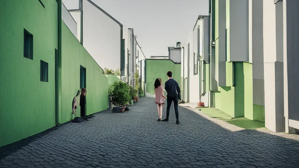 Prompt: a couple, green apartment house, textured walls, quiet street, reykjavik, sunset lighting, rim light, hyper realistic, cinematic frame