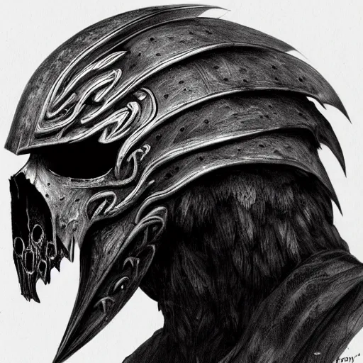 Prompt: crow skull helmet, headshot, side elevation, fantasy, dark souls, b & w, concept art