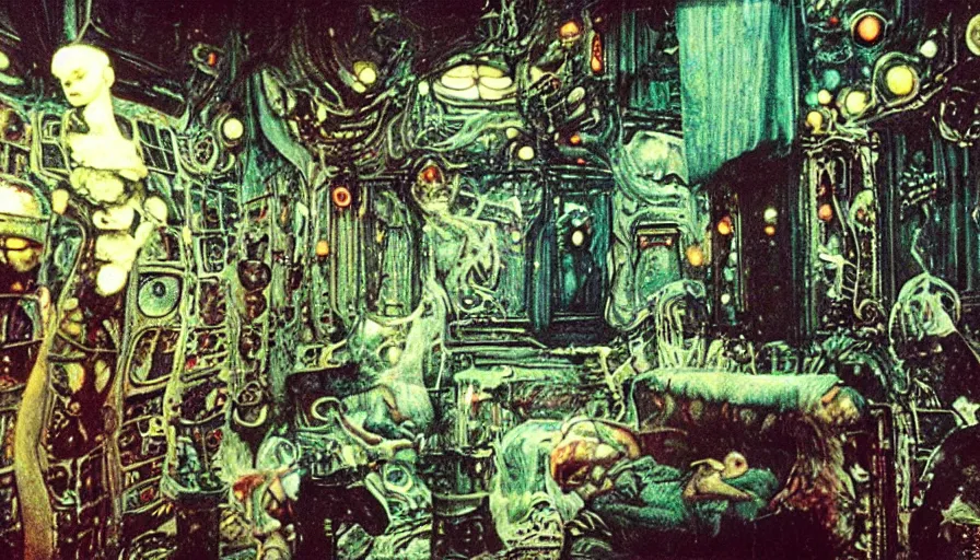 Prompt: an autochrome of a sci - fi 1 9 0 0's opium den with living, fleshy cronenberg walls, filmset interior of alien, designed by gustav klimt, octane renderer