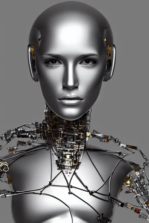 Image similar to robot with human face, female head, full body angle, woman human face, human face realistic, beautiful blonde hair, human head, human head with blonde hair, blonde hair human head, blonde hair, human realistic face, human head skin, cyborg frame concept, cyborg by ales-kotnik, sci-fi android female, the body is made of wires, robotic body, cyborg body, cyborg bust body, robot body cyborg, full body