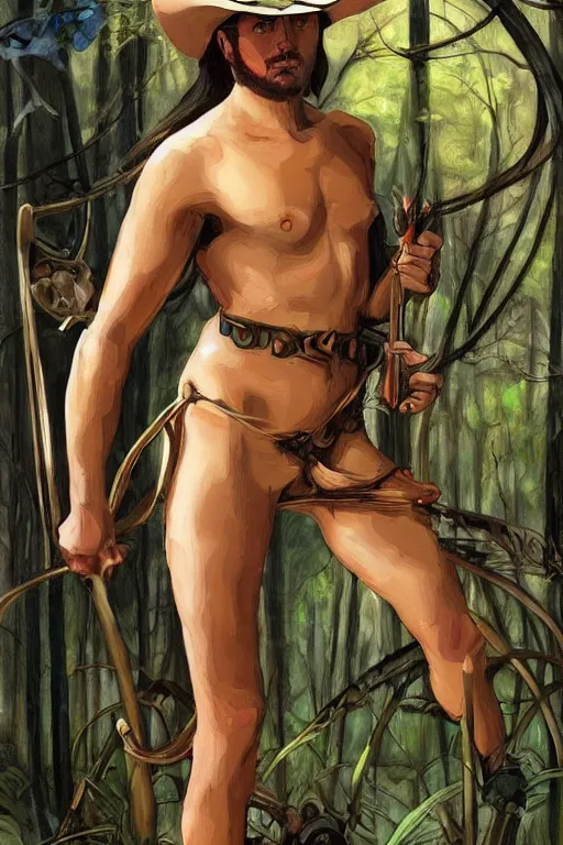 Prompt: an epic painting of a handsome! shirtless cowboy scout forging a path through the forest, homoerotic, tarot! card, art nouveau, art deco, trending on artstation