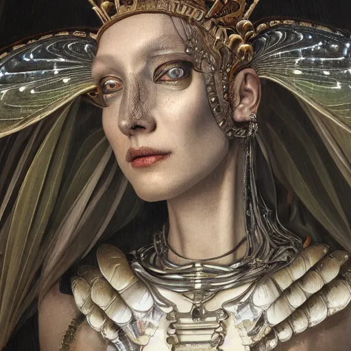 Prompt: a baroque neoclassicist closeup renaissance portrait of a robot queen with moth wings with iridescent geometric patterns, reflective detailed textures, dark fantasy science fiction painting by diego rivera and jean delville and sam spratt and dulac, dramatic lighting, gleaming silver and soft muted colors, artstation, octane render
