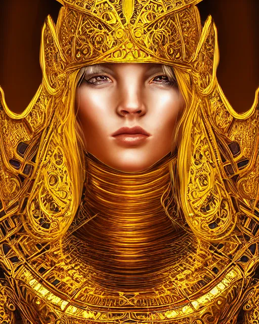 Image similar to digital painting portrait of woman in shining golden armor, high production value, intricate details, high resolution, hdr, high definition, masterpiece, realistic, ultrarealistic, highly detailed, hd, sharp focus, non blurry, sharp, smooth