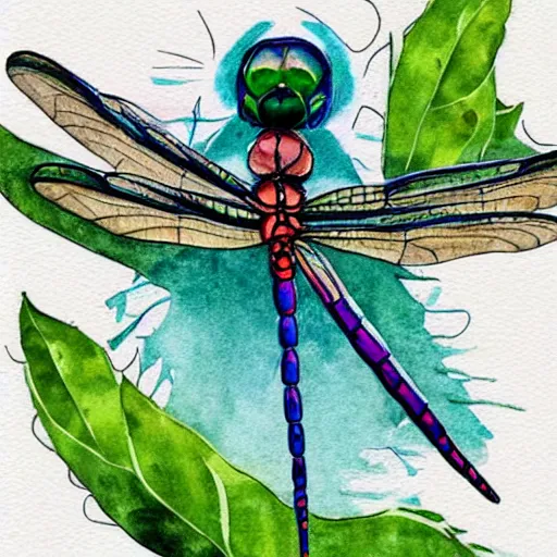 Prompt: water color illustration of a dragonfly with a human head. flower in it's mouth. collaborative piece by the worlds best artists. trending on everything, all the details.