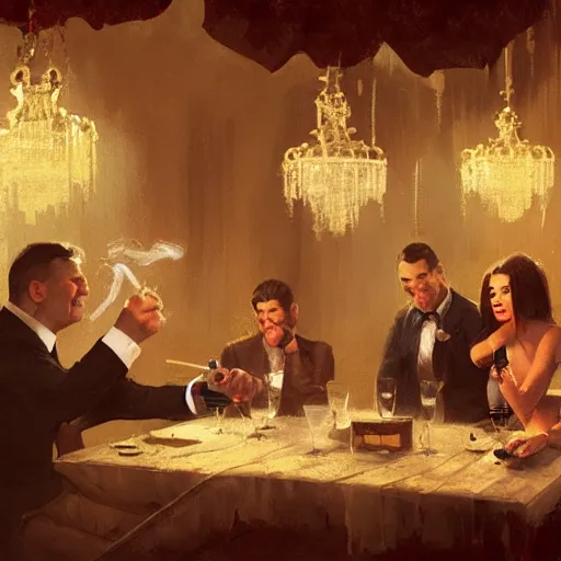 Prompt: a happy mafia family celebrating smoking cigar, person holding gun, champagne on the table, a big chandelier hanging from roof by greg rutkowski and thomas kinkade, trending on artstation