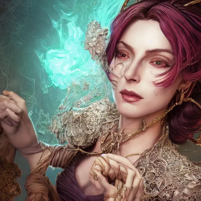 Prompt: the portrait of lawful evil sorceress lawyer as absurdly beautiful, conniving, elegant, jaded, young woman, an ultrafine hyperdetailed illustration by kim jung gi, irakli nadar, intricate linework, bright colors, octopath traveler, final fantasy, unreal engine 5 highly rendered, global illumination, radiant light, detailed and intricate environment