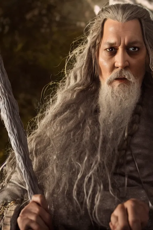 Image similar to film still of johnny depp as gandalf in lord of the rings movie, glamour pose, dramatic lighting, octane, volumetric lighting, 8 k