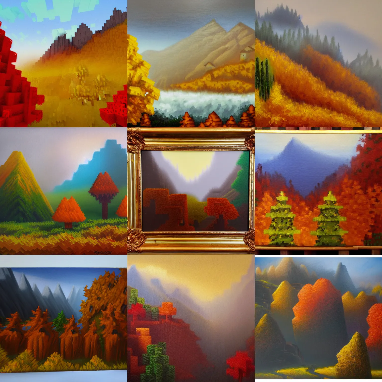 Prompt: an oil painting of a foggy Minecraft mountainscape in autumn