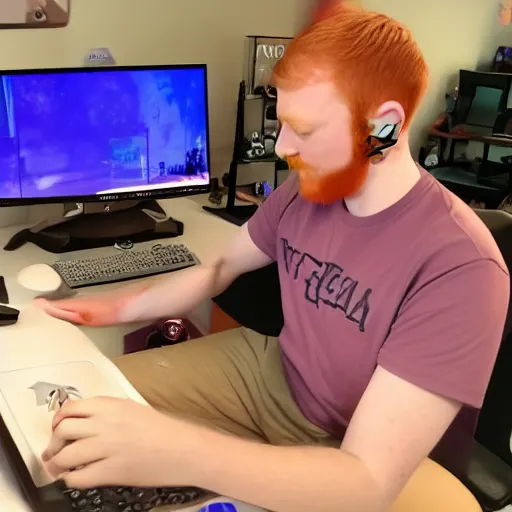 Image similar to a male ginger puppet streams games on his computer to twitch,